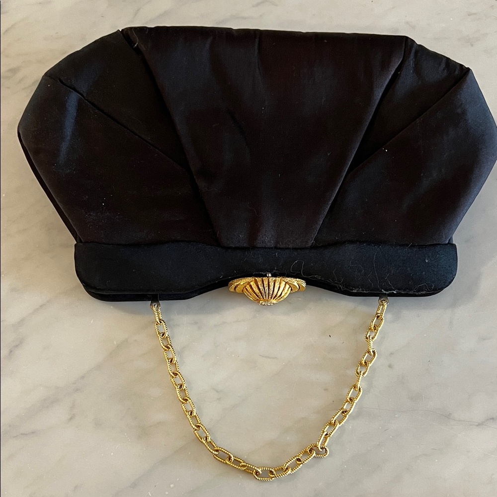 Elegant Vintage 1950s Black Clutch with Gold Chain and lucite comb